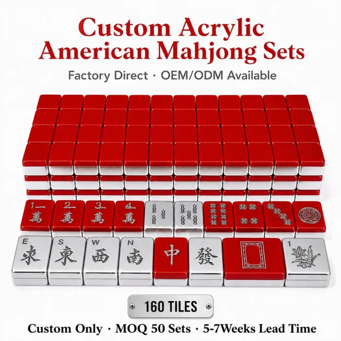 Factory Direct Red Acrylic American Mahjong Set, Deep Engraving – 160 Tiles — Red & Silver variant